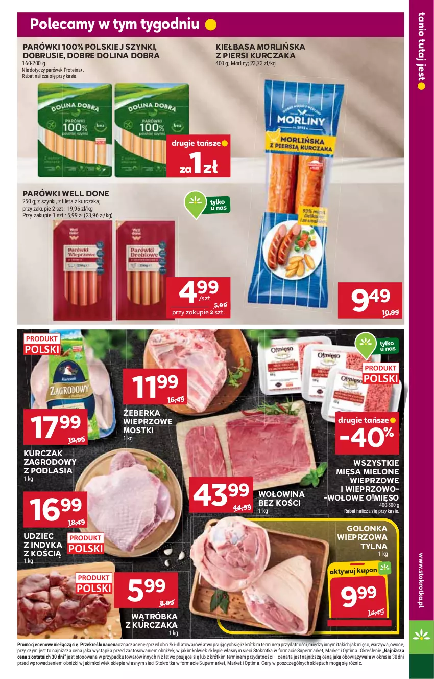 Gazetka promocyjna Stokrotka - Market - ważna 22.01 do 28.01.2026 - strona 7 - produkty: Golonka wieprzowa, Kiełbasa, Kurczak, Mięso, Morliny, Obrus, Optima, Owoce, Parówki, Udziec z indyka, Warzywa, Wołowina, Wołowina bez kości