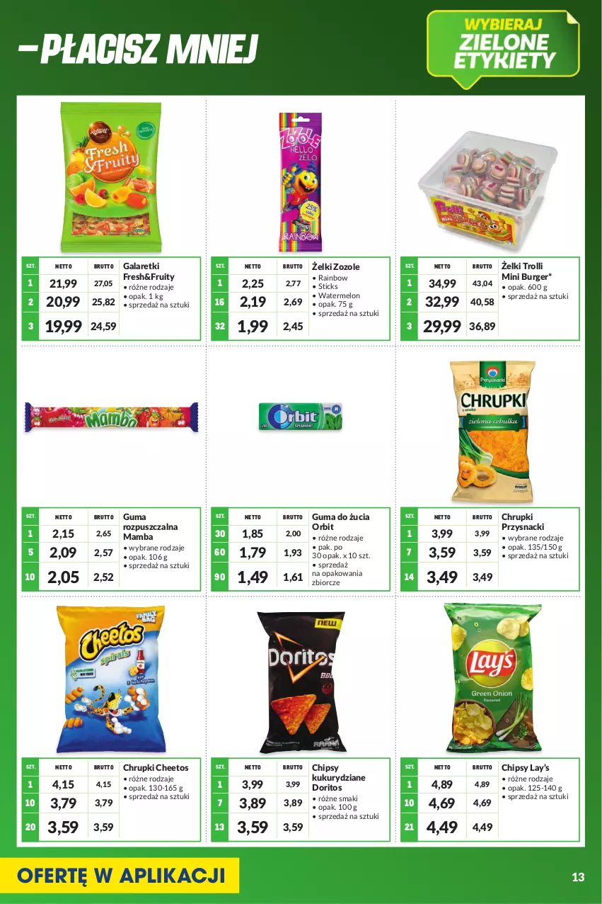 Gazetka promocyjna Makro - [Oferta specjalna] Kupujesz więcej płacisz mniej - ważna 01.08 do 31.08.2022 - strona 13 - produkty: Burger, Cheetos, Chipsy, Chrupki, Gala, Galaretki, Guma do żucia, Guma rozpuszczalna, Lay’s, Mamba, Melon, Orbit, Przysnacki