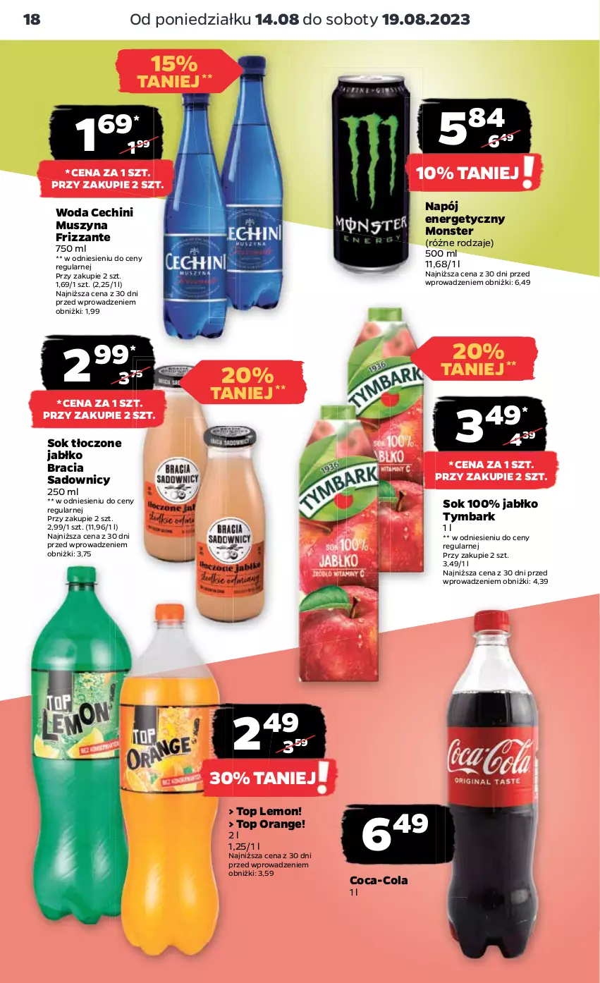 Gazetka promocyjna Netto - Artykuły spożywcze - ważna 14.08 do 19.08.2023 - strona 18 - produkty: Coca-Cola, Mus, Napój, Napój energetyczny, Sok, Szyna, Top, Tymbark, Woda