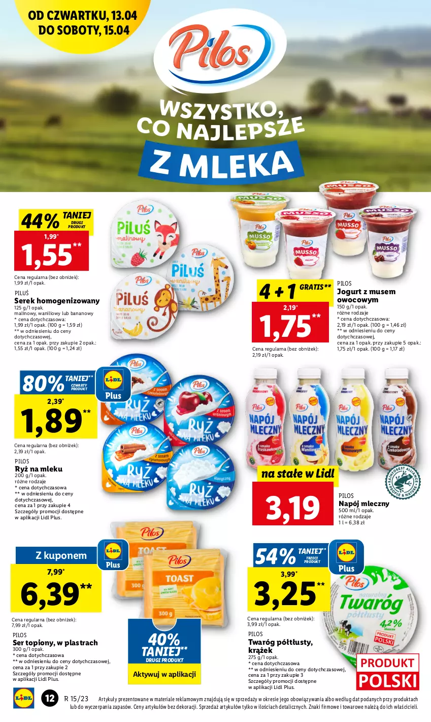 Gazetka promocyjna Lidl - GAZETKA - ważna 13.04 do 15.04.2023 - strona 14 - produkty: Gra, Jogurt, Mus, Napój, Napój mleczny, Pilos, Ryż, Ryż na mleku, Ser, Ser topiony, Serek, Serek homogenizowany, Top, Twaróg, Twaróg półtłusty