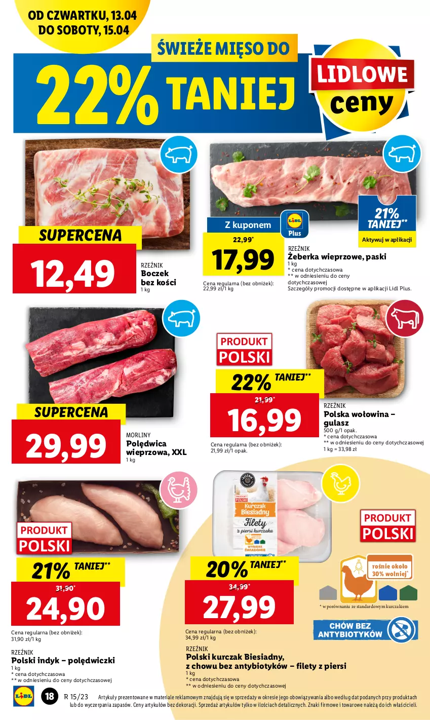 Gazetka promocyjna Lidl - GAZETKA - ważna 13.04 do 15.04.2023 - strona 22 - produkty: Boczek, Boczek bez kości, Kurczak, Mięso, Morliny, Polędwica, Por, Wołowina