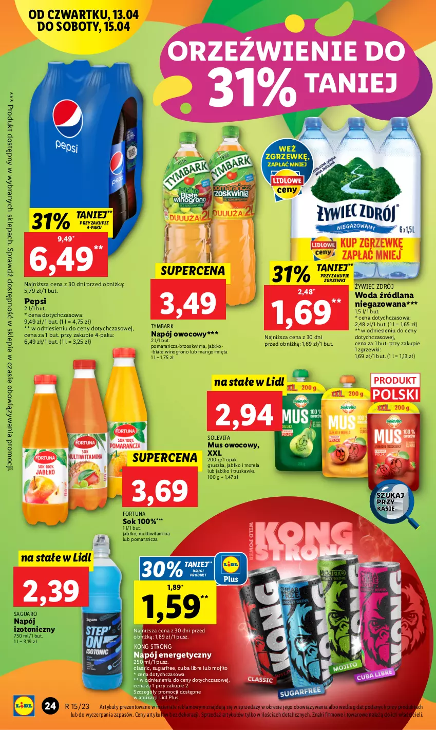 Gazetka promocyjna Lidl - GAZETKA - ważna 13.04 do 15.04.2023 - strona 30 - produkty: Fortuna, LANA, Mango, Mięta, Morela, Mus, Napój, Napój energetyczny, Napój izotoniczny, Pepsi, Sok, Tymbark, Wino, Woda