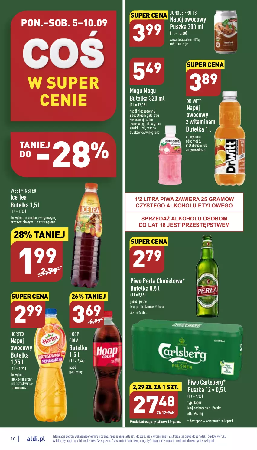 Gazetka promocyjna Aldi - Katalog spożywczy - ważna 05.09 do 10.09.2022 - strona 10 - produkty: Carlsberg, Gala, Galaretki, Gra, Hoop, Hortex, Ice tea, Kokos, Liczi, Mango, Napój, Napój gazowany, Napój niegazowany, Perła, Piwa, Piwo, Por, Sok, Wino