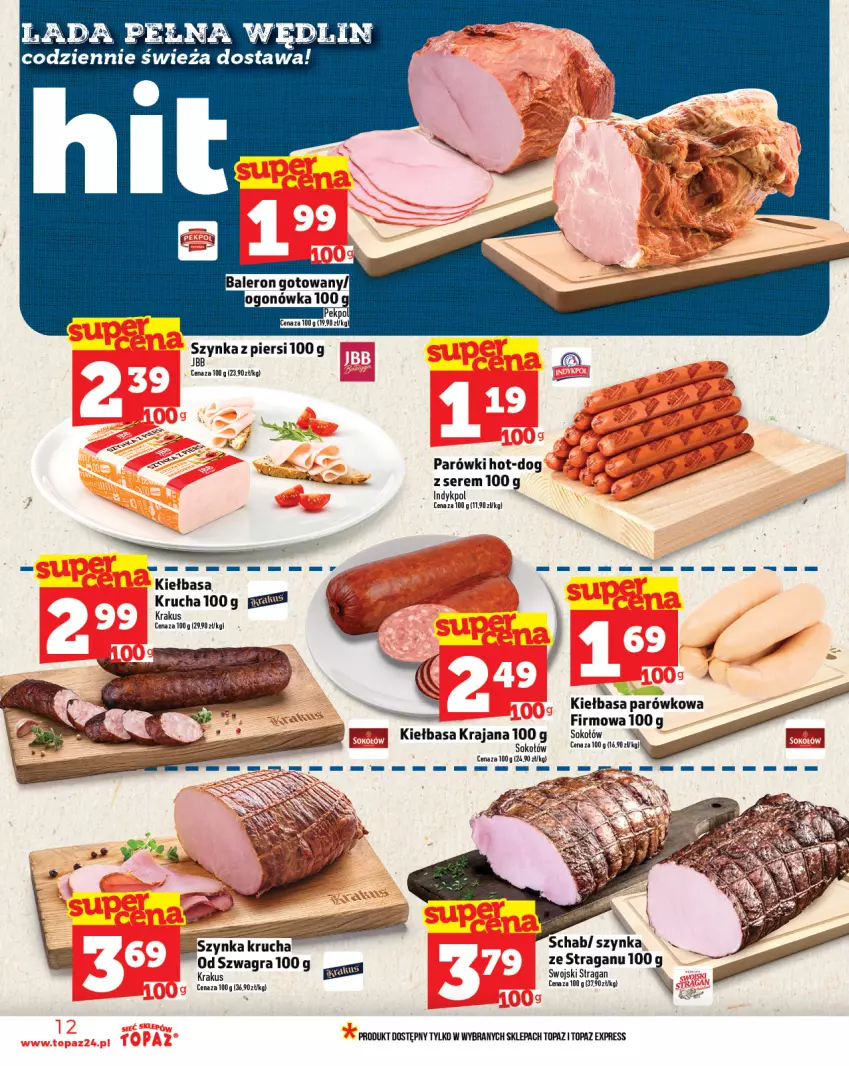 Gazetka promocyjna Topaz - Gazetka - ważna 07.08 do 13.08.2025 - strona 12 - produkty: Gra, Kiełbasa, Krakus, Ogonówka, Parówki, Ser, Sok, Sokołów, Szynka, Top