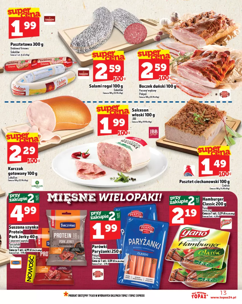 Gazetka promocyjna Topaz - Gazetka - ważna 07.08 do 13.08.2025 - strona 13 - produkty: Boczek, Kurczak, Kurczak gotowany, Pasztet, Rogal, Salami, Salceson, Sok, Sokołów, Top