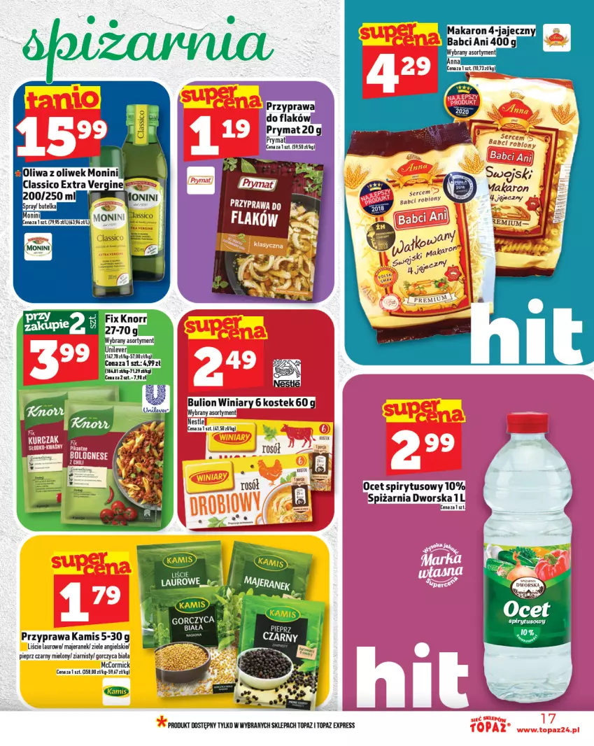 Gazetka promocyjna Topaz - Gazetka - ważna 07.08 do 13.08.2025 - strona 17 - produkty: Bulion, Kamis, Laur, Lion, Makaron, Monini, Ocet, Pieprz, Prymat, Rosół, Stek, Top, Winiary, Ziele angielskie