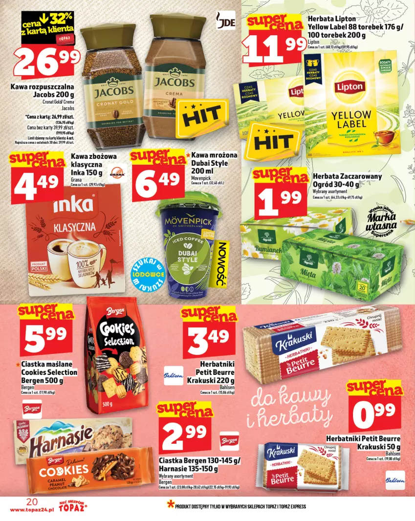 Gazetka promocyjna Topaz - Gazetka - ważna 07.08 do 13.08.2025 - strona 20 - produkty: Ciastka, Gra, Herbata, Herbatniki, Inka, Jacobs, K2, Kawa, Kawa rozpuszczalna, Kawa zbożowa, Krakus, Krakuski, Lipton, Ogród, Top