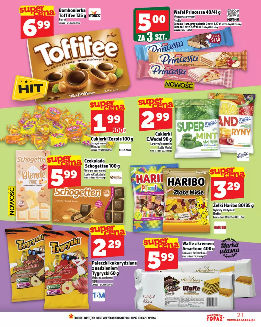 Gazetka promocyjna Topaz - Gazetka - ważna 07.08 do 13.08.2025 - strona 21 - produkty: Cukier, Cukierki, Czekolada, Haribo, Princessa, Schogetten, Toffifee, Top