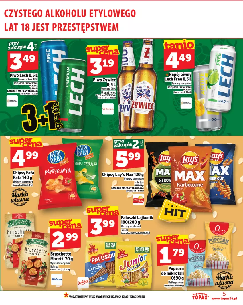 Gazetka promocyjna Topaz - Gazetka - ważna 07.08 do 13.08.2025 - strona 5 - produkty: Bruschette, Chipsy, Fa, Lajkonik, Napój, Piwo, Popcorn, Top