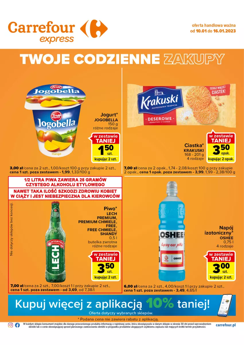 Gazetka promocyjna Carrefour - Gazetka Express - ważna 10.01 do 16.01.2023 - strona 1 - produkty: Bell, Bella, Ciastka, Jogobella, Jogurt, Kosz, Krakus, Krakuski, Lech Premium, Napój, Oshee, Piwo