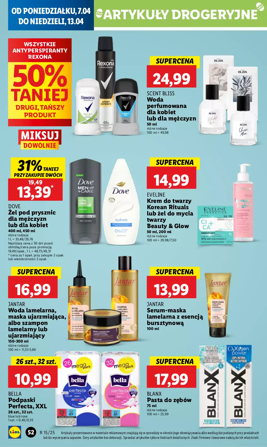 Gazetka promocyjna Lidl - GAZETKA - ważna 07.04 do 09.04.2025 - strona 56 - produkty: Antyperspirant, Bell, Bella, Bursztyn, Dove, Eveline, Krem do twarzy, Maska, Pasta do zębów, Perfecta, Perfum, Podpaski, Rexona, Rum, Ser, Serum, Szampon, Woda, Woda perfumowana