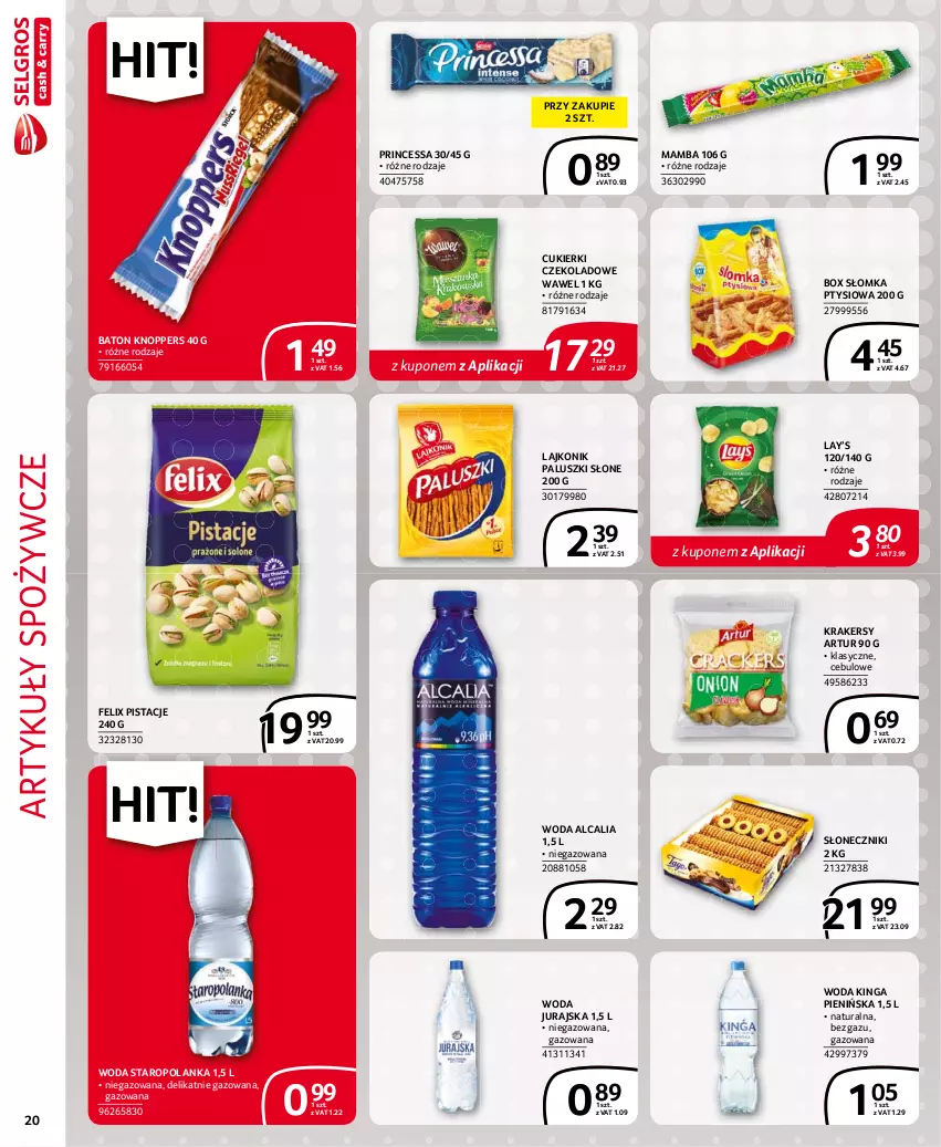 Gazetka promocyjna Selgros - Extra Oferta - ważna 01.08 do 31.08.2021 - strona 20 - produkty: Artur, Artykuły spożywcze, Baton, Cukier, Cukierki, Cukierki czekoladowe, Felix, Knoppers, Krakersy, Lajkonik, Lay’s, Mamba, Pistacje, Princessa, Staropolanka, Wawel, Woda