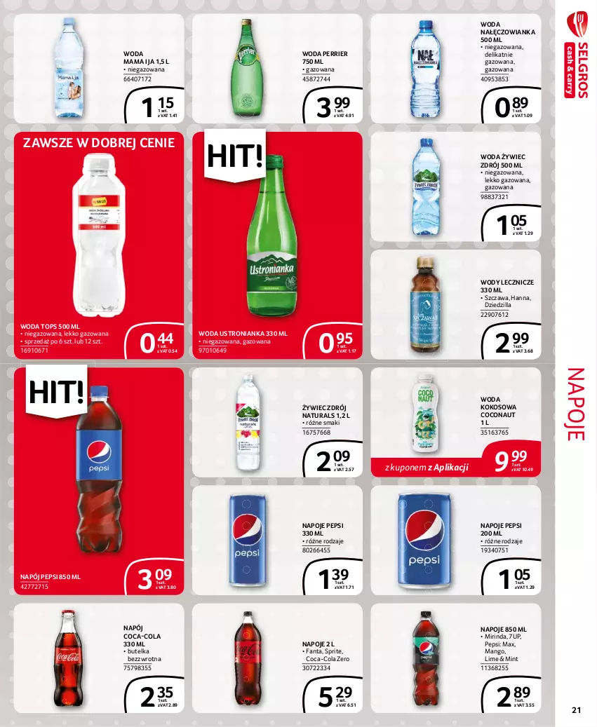 Gazetka promocyjna Selgros - Extra Oferta - ważna 01.08 do 31.08.2021 - strona 21 - produkty: 7up, Coca-Cola, Fa, Fanta, Kokos, Mango, Mirinda, Nałęczowianka, Napój, Napoje, Pepsi, Sprite, Top, Woda, Znicz