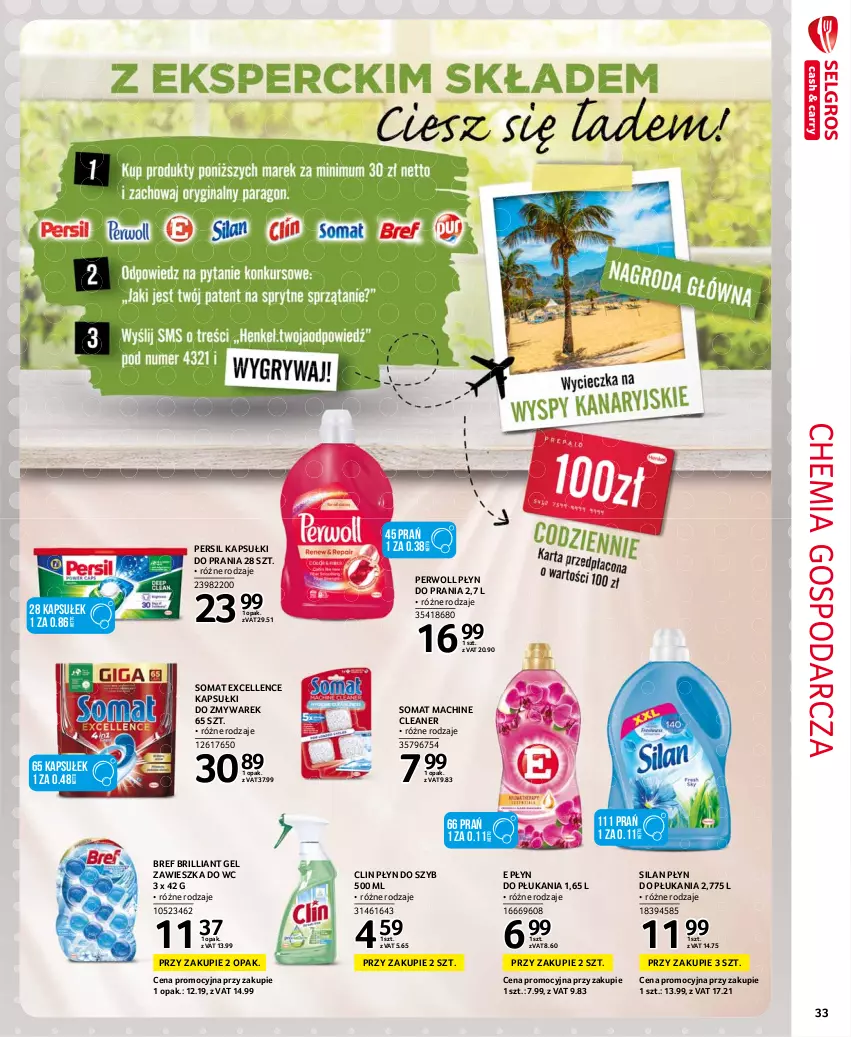 Gazetka promocyjna Selgros - Extra Oferta - ważna 01.08 do 31.08.2021 - strona 33 - produkty: Bref, Clin, Kapsułki do prania, Persil, Perwoll, Płyn do płukania, Płyn do prania, Płyn do szyb, Silan, Somat, Zawieszka do wc