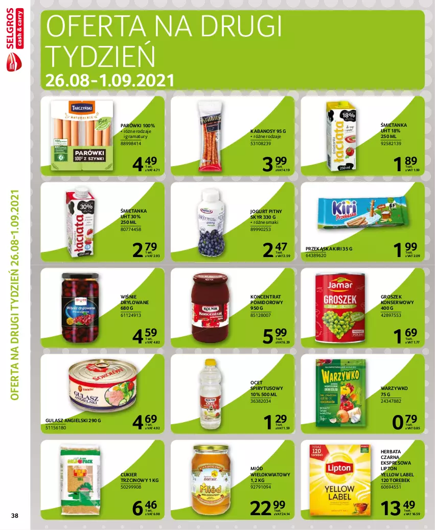 Gazetka promocyjna Selgros - Extra Oferta - ważna 01.08 do 31.08.2021 - strona 38 - produkty: Cukier, Cukier trzcinowy, Gra, Groszek, Herbata, Herbata czarna, Jogurt, Jogurt pitny, Kabanos, Koncentrat pomidorowy, Lipton, Miód, Ocet, Parówki, Rama, Ser