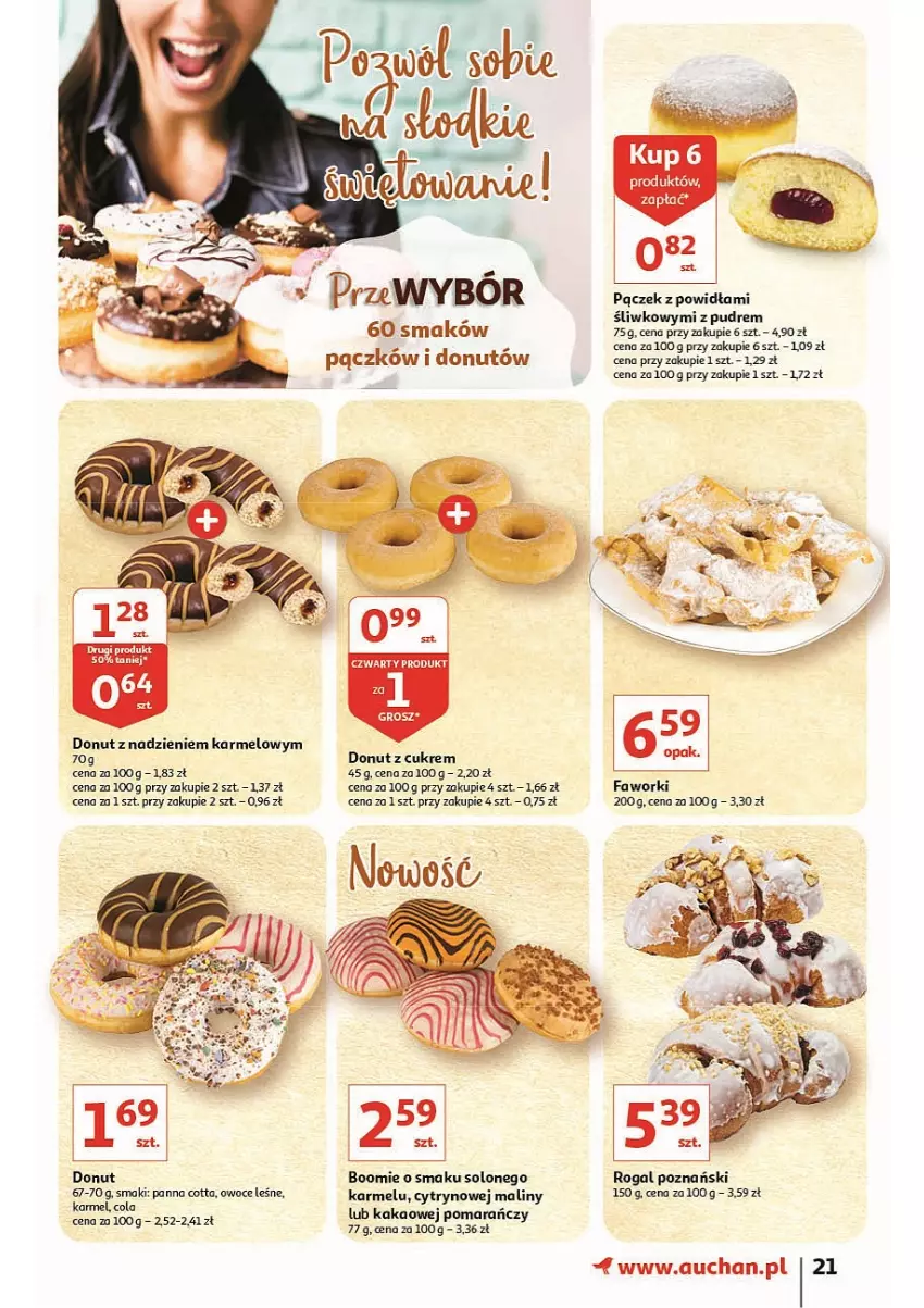 Gazetka promocyjna Auchan - przeNISKIE CENY prze porządki Hipermarkety - ważna 17.02 do 23.02.2022 - strona 21 - produkty: Donut, Fa, Faworki, Kakao, Maliny, Owoce, Pączek, Panna cotta, Rogal