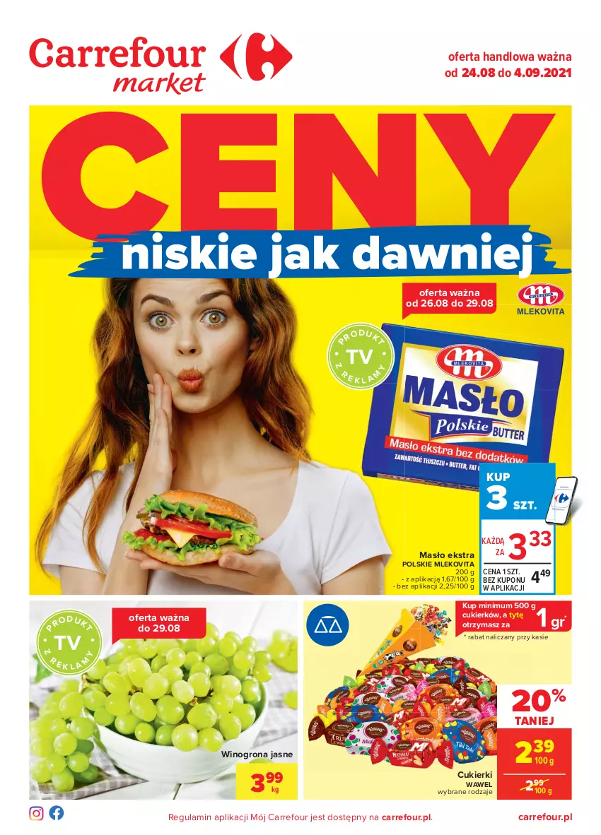 Gazetka promocyjna Carrefour - Gazetka Market - ważna 23.08 do 04.09.2021 - strona 1 - produkty: Cukier, Cukierki, Masło, Mleko, Mlekovita, Wawel, Wino, Winogrona