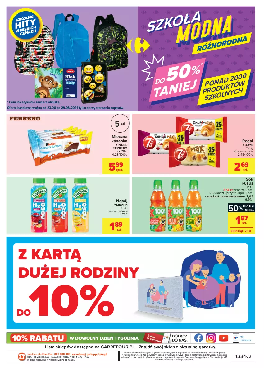 Gazetka promocyjna Carrefour - Gazetka Market - ważna 23.08 do 04.09.2021 - strona 19 - produkty: 7 Days, Ferrero, Kinder, Kosz, Kubuś, Mleczna kanapka, Napój, Rogal, Sok, Tymbark