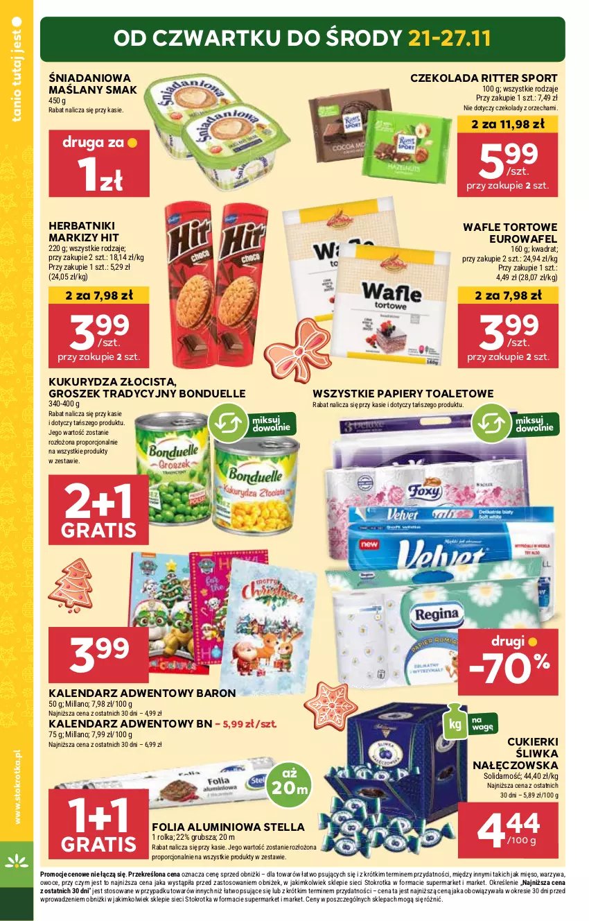 Gazetka promocyjna Stokrotka - Market - ważna 21.11 do 27.11.2024 - strona 2 - produkty: Bonduelle, Cukier, Cukierki, Czekolada, Danio, Folia aluminiowa, Gra, Groszek, Herbatniki, Kalendarz, Kalendarz adwentowy, Kukurydza, Mięso, Owoce, Papier, Por, Ritter Sport, Sport, Wafle, Wafle tortowe, Warzywa