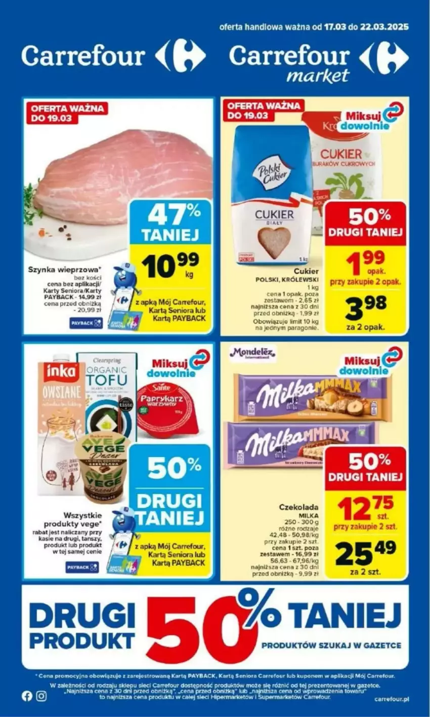 Gazetka promocyjna Carrefour - ważna 17.03 do 22.03.2025 - strona 1 - produkty: Cukier, Czekolada, Fa, Królewski, Milka, Piwo, Szynka, Szynka wieprzowa