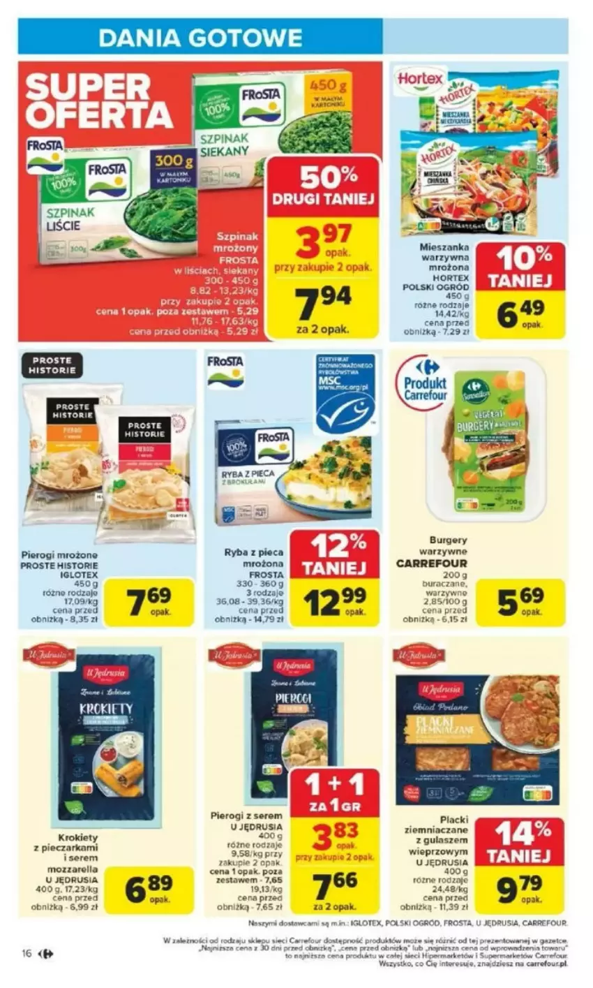 Gazetka promocyjna Carrefour - ważna 17.03 do 22.03.2025 - strona 10 - produkty: Burger, Dania gotowe, Frosta, Hortex, Lack, Mieszanka warzyw, Mozzarella, Ogród, Piec, Pierogi, Por, Ryba, Ser, Szpinak