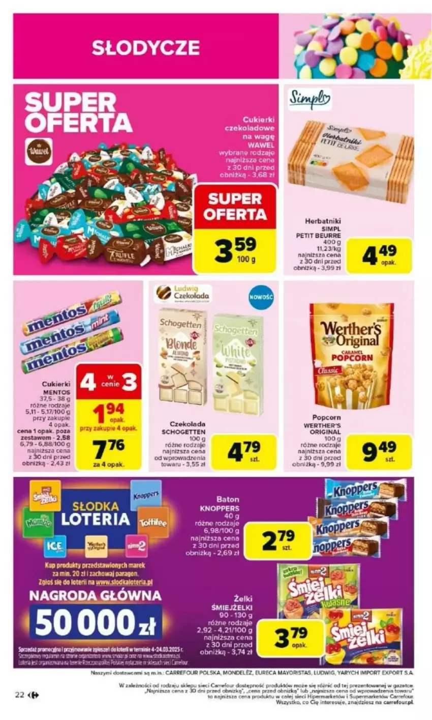 Gazetka promocyjna Carrefour - ważna 17.03 do 22.03.2025 - strona 17 - produkty: Baton, Brit, Cukier, Cukierki, Gin, Herbatniki, Knoppers, Mentos, Popcorn, Por, Schogetten