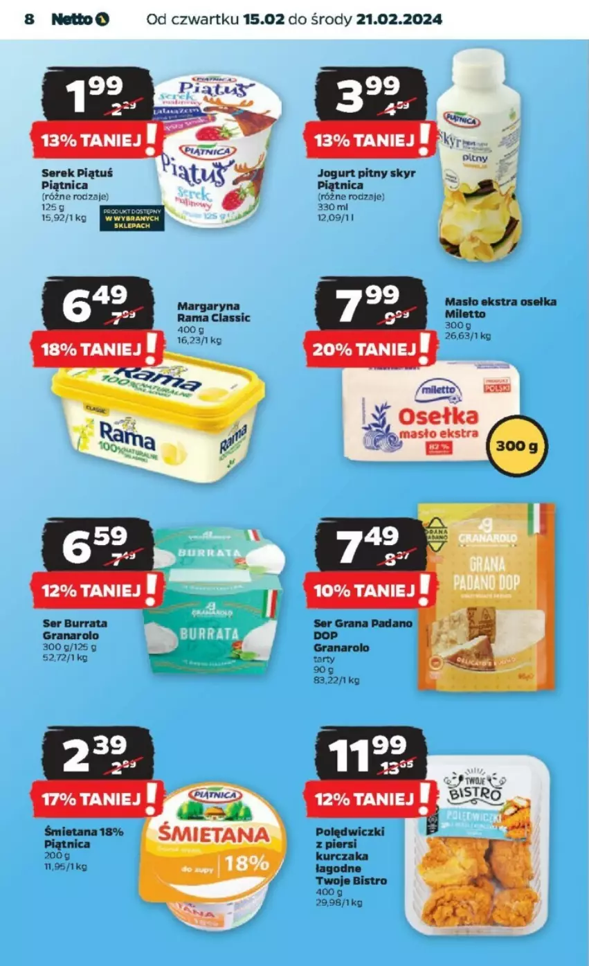 Gazetka promocyjna Netto - ważna 15.02 do 21.02.2024 - strona 16 - produkty: Burrata, Gra, Jogurt, Jogurt pitny, Kurczak, Margaryna, Masło, Piątnica, Rama, Ser, Serek