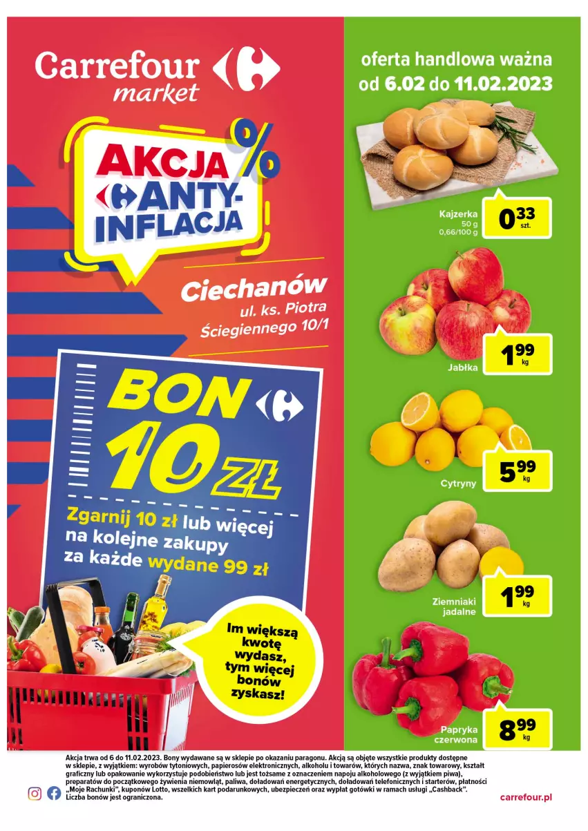 Gazetka promocyjna Carrefour - Gazetka Market Ciechanów - ważna 06.02 do 11.02.2023 - strona 1 - produkty: Gra, Kajzerka, Papier, Papryka, Papryka czerwona, Piec, Piwa, Rama, Telefon, Ziemniaki