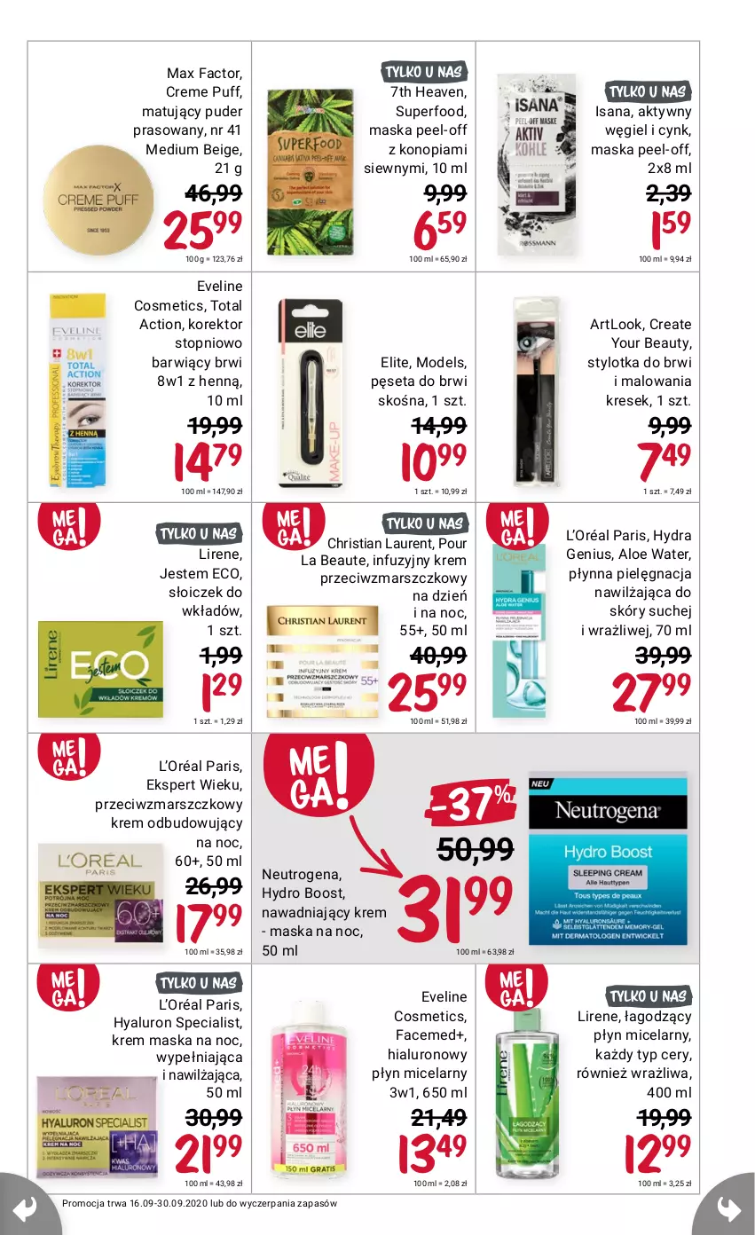 Gazetka promocyjna Rossmann - 16 Września - ważna 16.07 do 30.09.2021 - strona 7 - produkty: Eveline, Fa, Isana, Krem przeciwzmarszczkowy, L’Oréal, Laur, Lirene, Mars, Maska, Max Factor, Neutrogena, Puf, Top