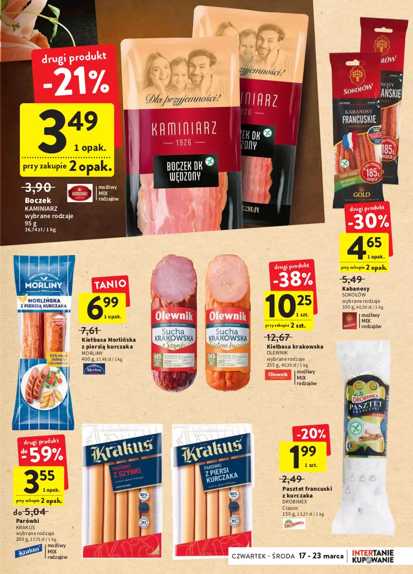 Gazetka promocyjna Intermarche - Spożywcza - ważna 17.03 do 23.03.2022 - strona 15 - produkty: Boczek, Drobimex, Kabanos, Kiełbasa, Kiełbasa krakowska, Krakus, Kurczak, Morliny, Olewnik, Parówki, Pasztet, Sok, Sokołów