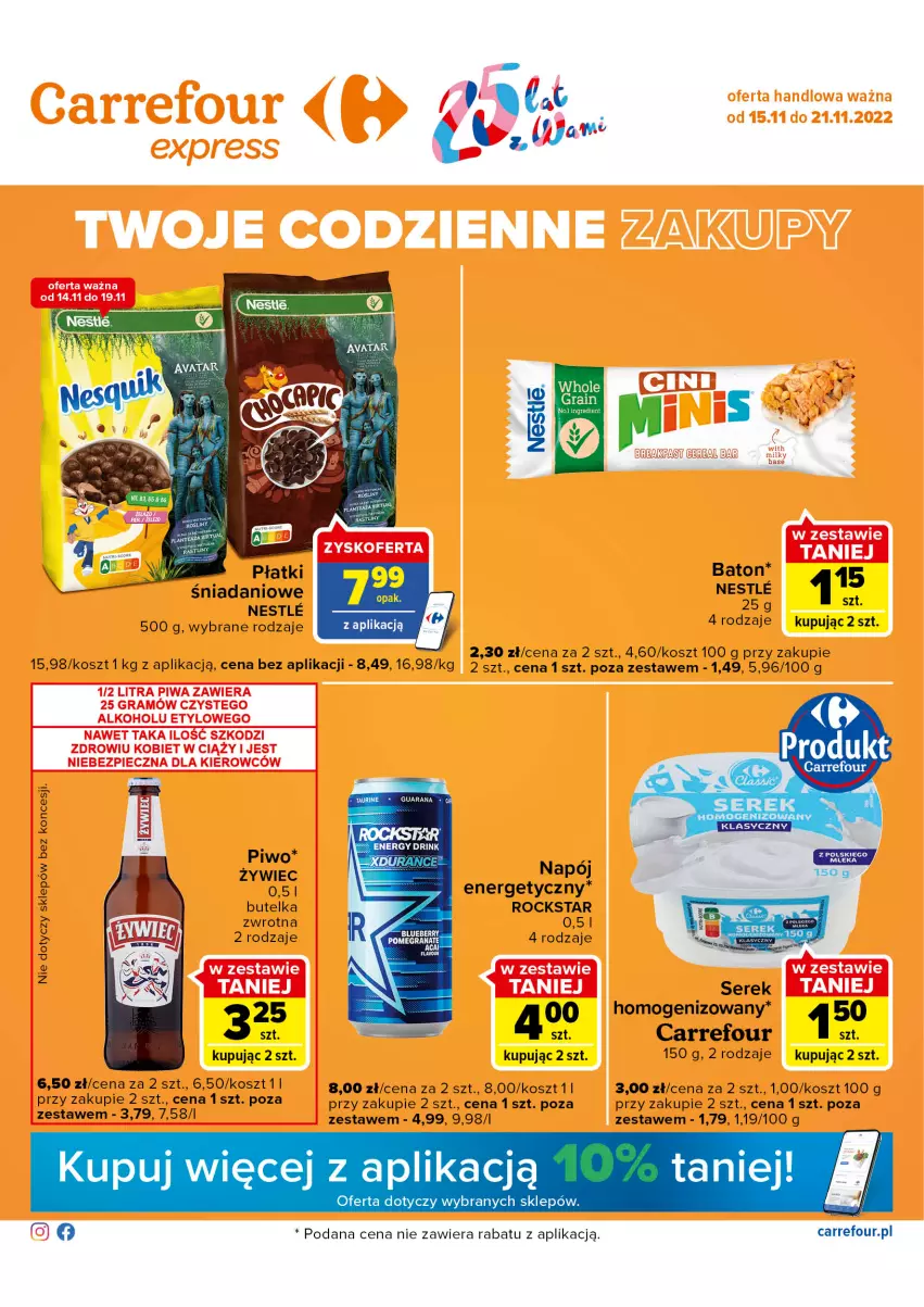 Gazetka promocyjna Carrefour - Gazetka Express - ważna 15.11 do 21.11.2022 - strona 1 - produkty: Baton, Danio, Kosz, Napój, Piwo, Ser, Serek, Serek homogenizowany