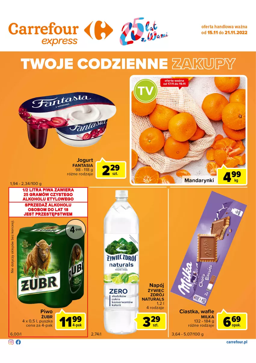 Gazetka promocyjna Carrefour - Gazetka Express - ważna 15.11 do 21.11.2022 - strona 2 - produkty: Ciastka, Fa, Fanta, Jogurt, Mandarynki, Milka, Napój, Piwo, Ser, Wafle