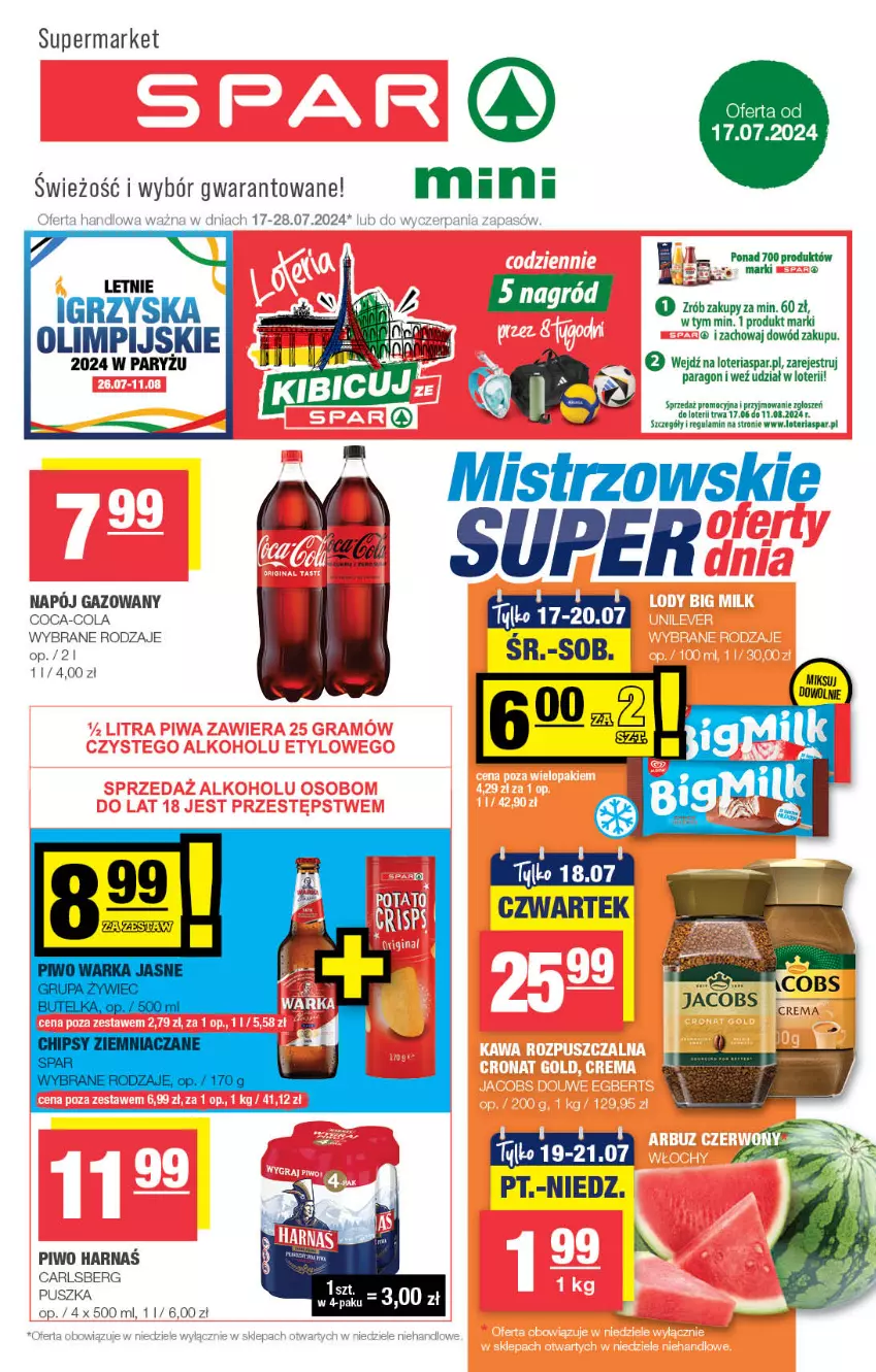 Gazetka promocyjna Spar - Spar-Mini - ważna 14.07 do 24.07.2024 - strona 1 - produkty: Carlsberg, Coca-Cola, Harnaś, Jacobs, Klej, Piwo, Ryż