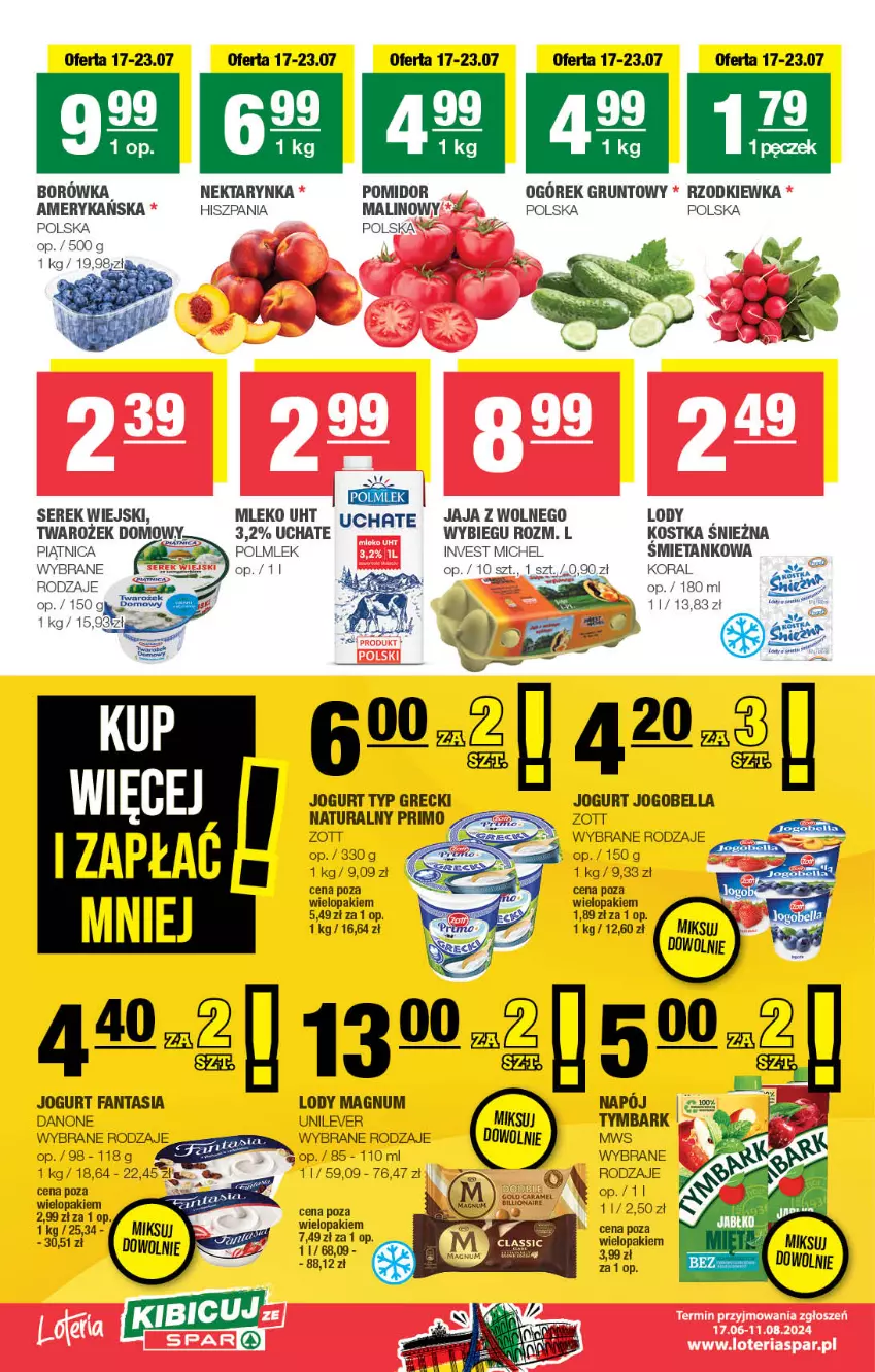 Gazetka promocyjna Spar - Spar-Mini - ważna 14.07 do 24.07.2024 - strona 2 - produkty: Bell, Bella, Borówka, Danone, Fa, Fanta, Grunt, Jaja, Jogobella, Jogurt, Lion, Lody, Mleko, Napój, Nektar, Nektarynka, Ogórek, Piątnica, POLMLEK, Rzodkiewka, Ser, Serek, Serek wiejski, Tymbark, Zott