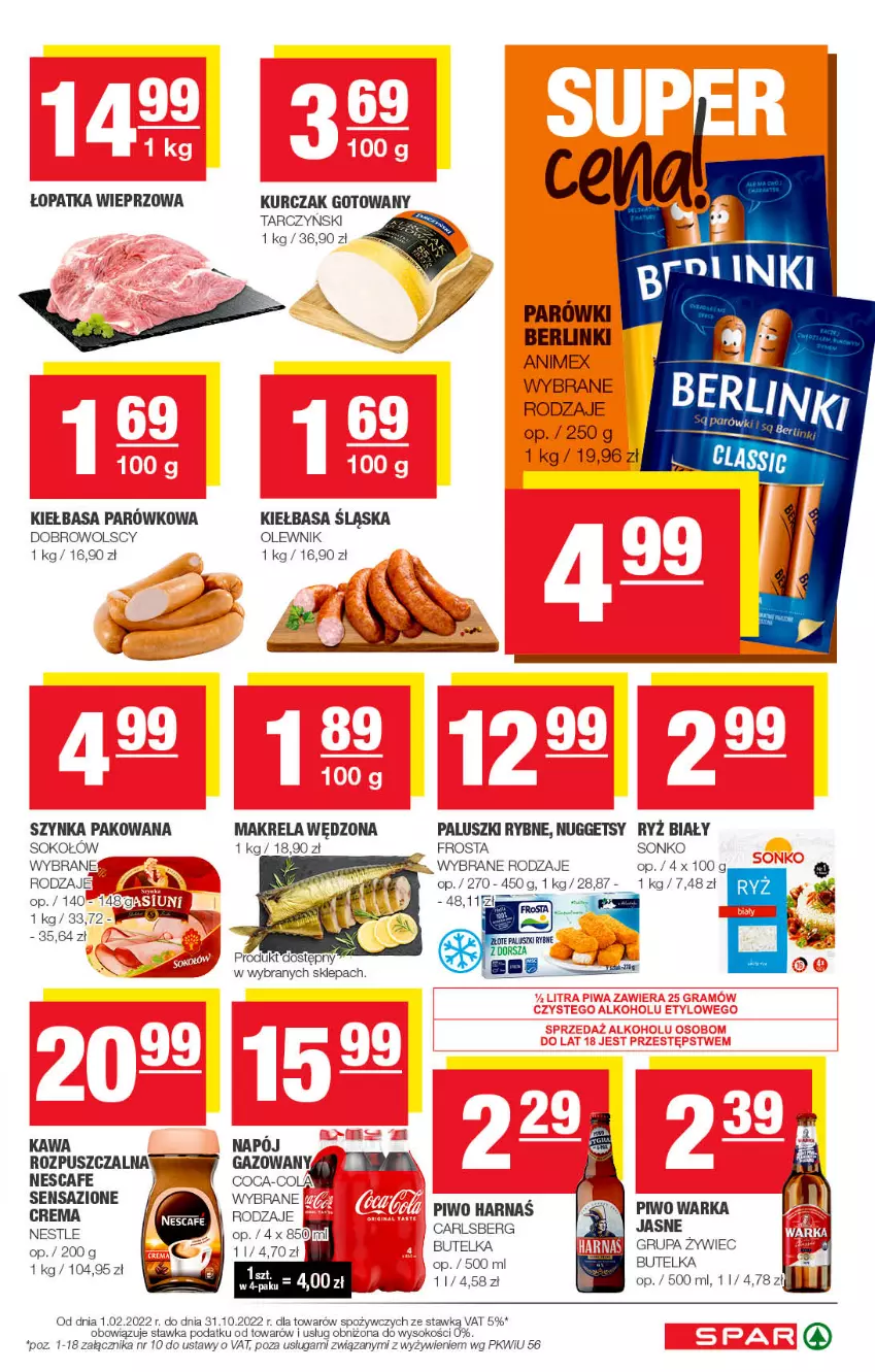 Gazetka promocyjna Spar - Spar - ważna 25.09 do 05.10.2022 - strona 3 - produkty: Berlinki, Carlsberg, Coca-Cola, Frosta, Kawa, Kiełbasa, Kiełbasa śląska, Kurczak, Kurczak gotowany, Napój, Olewnik, Paluszki rybne, Piwo, Ryż, Ryż biały, Sok, Sokołów, Sonko, Szynka, Tarczyński