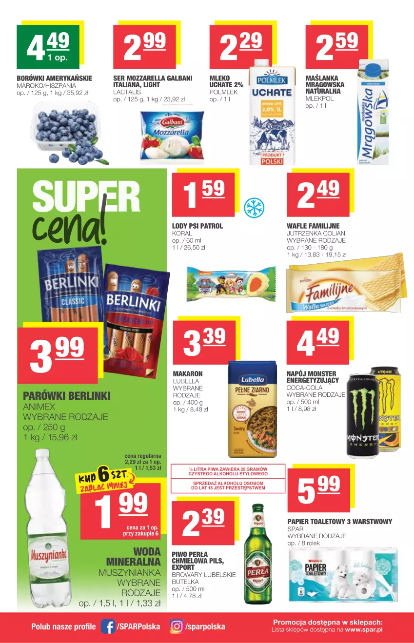 Gazetka promocyjna Spar - Express - ważna 02.06 do 08.06.2021 - strona 2 - produkty: Bell, Bella, Coca-Cola, Fa, Galbani, Jutrzenka, Lody, Lubella, Makaron, Maślanka, Mleko, Mozzarella, Papier, Papier toaletowy, Perła, Piwo, POLMLEK, Por, Psi Patrol, Ser, Wafle