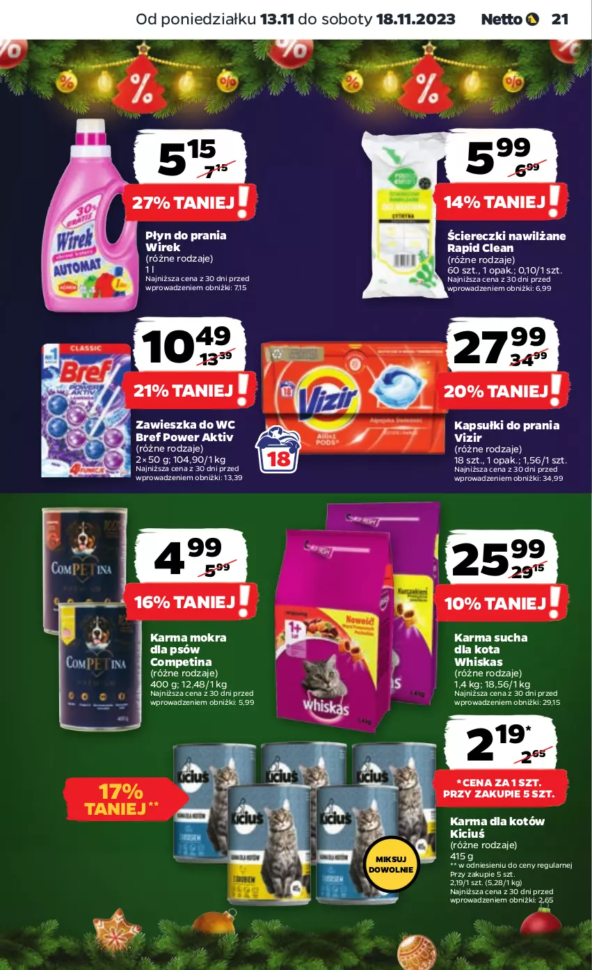 Gazetka promocyjna Netto - Artykuły spożywcze - ważna 13.11 do 18.11.2023 - strona 21 - produkty: Bref, Kapsułki do prania, Płyn do prania, Vizir, Whiskas, Zawieszka do wc