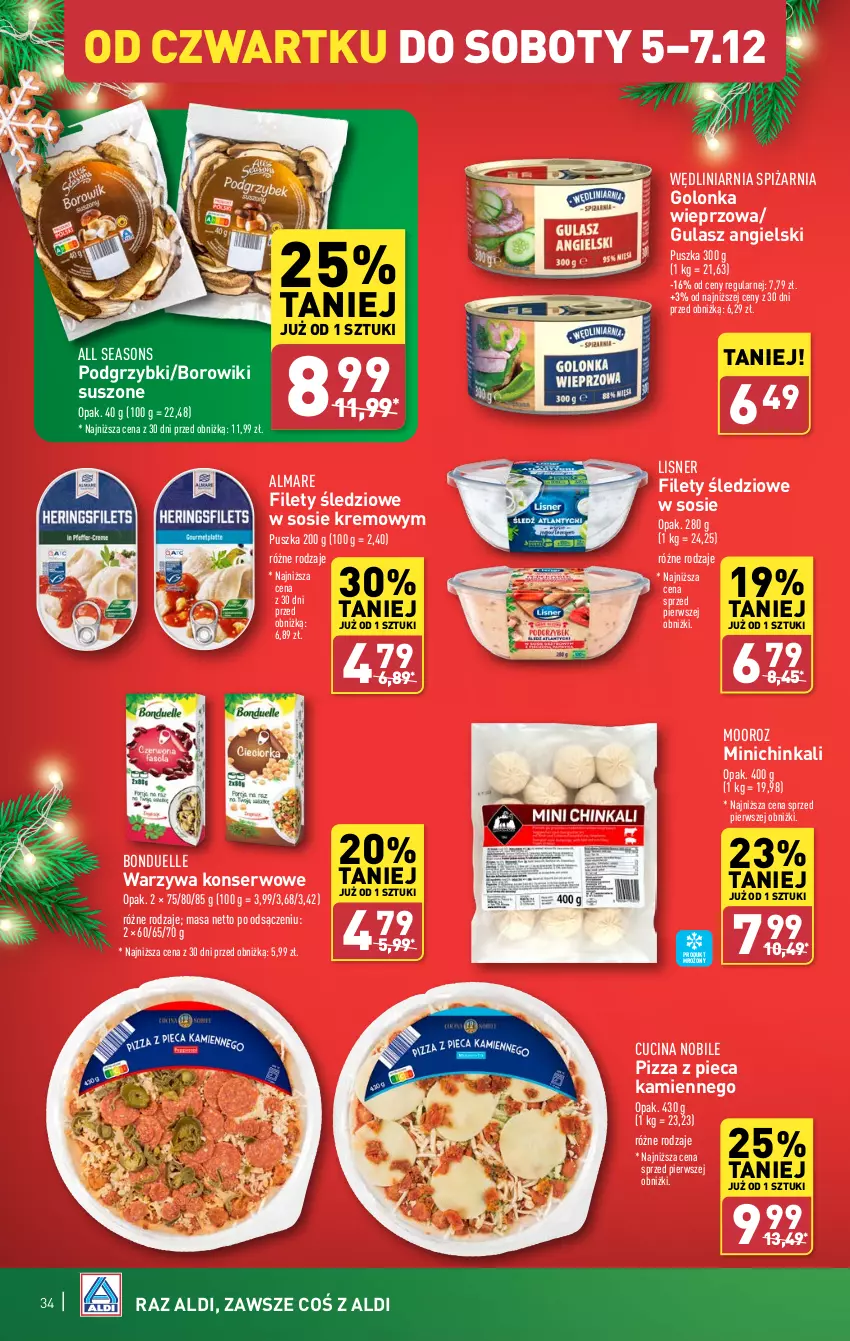 Gazetka promocyjna Aldi - Pełna oferta - ważna 02.12 do 07.12.2024 - strona 34 - produkty: All Seasons, Bonduelle, Borowiki, Golonka wieprzowa, Inka, Lisner, Piec, Pizza, Pizza z pieca kamiennego, Podgrzybki, Ser, Sos, Warzywa, Warzywa konserwowe