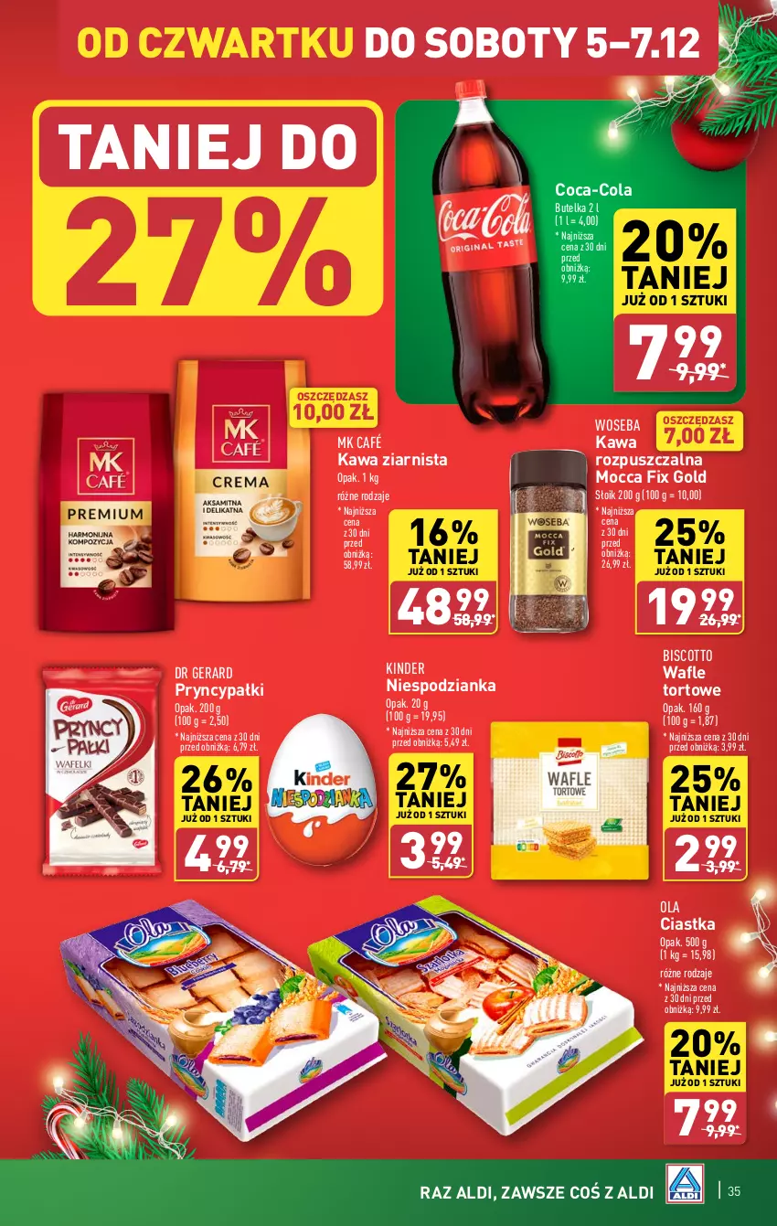 Gazetka promocyjna Aldi - Pełna oferta - ważna 02.12 do 07.12.2024 - strona 35 - produkty: Ciastka, Coca-Cola, Dr Gerard, Kawa, Kawa rozpuszczalna, Kawa ziarnista, Kinder, Mocca Fix Gold, Wafle, Wafle tortowe, Woseba