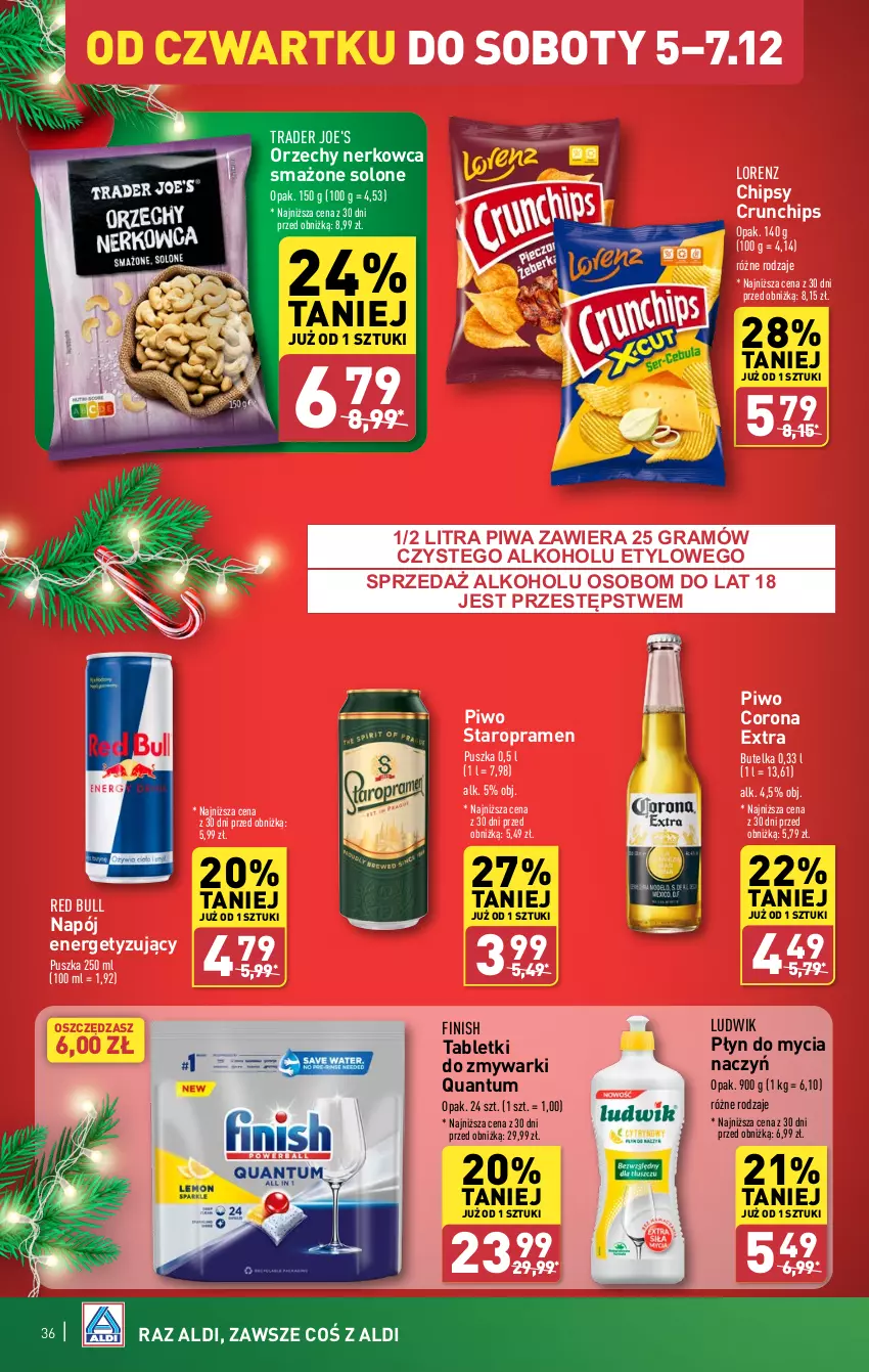 Gazetka promocyjna Aldi - Pełna oferta - ważna 02.12 do 07.12.2024 - strona 36 - produkty: Chipsy, Corona Extra, Crunchips, Do mycia naczyń, Finish, Gra, Lorenz, Ludwik, Napój, Piwa, Piwo, Płyn do mycia, Płyn do mycia naczyń, Red Bull, Tablet, Tabletki do zmywarki, Zmywarki