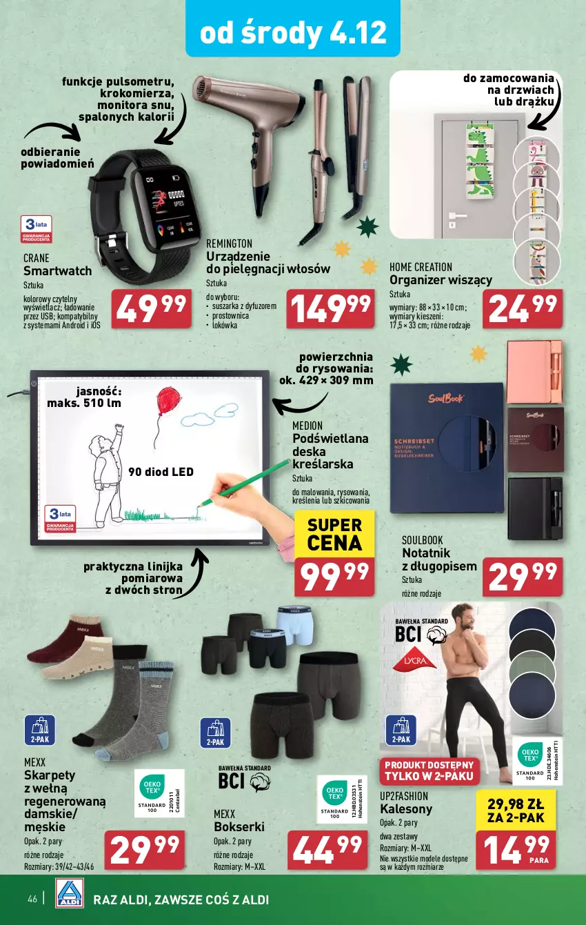 Gazetka promocyjna Aldi - Pełna oferta - ważna 02.12 do 07.12.2024 - strona 46 - produkty: Bokserki, Długopis, Drzwi, Fa, Kalesony, Karp, Krokomierz, LANA, Lokówka, Mexx, Monitor, Organizer, Remington, Ser, Smartwatch, Sony, Suszarka