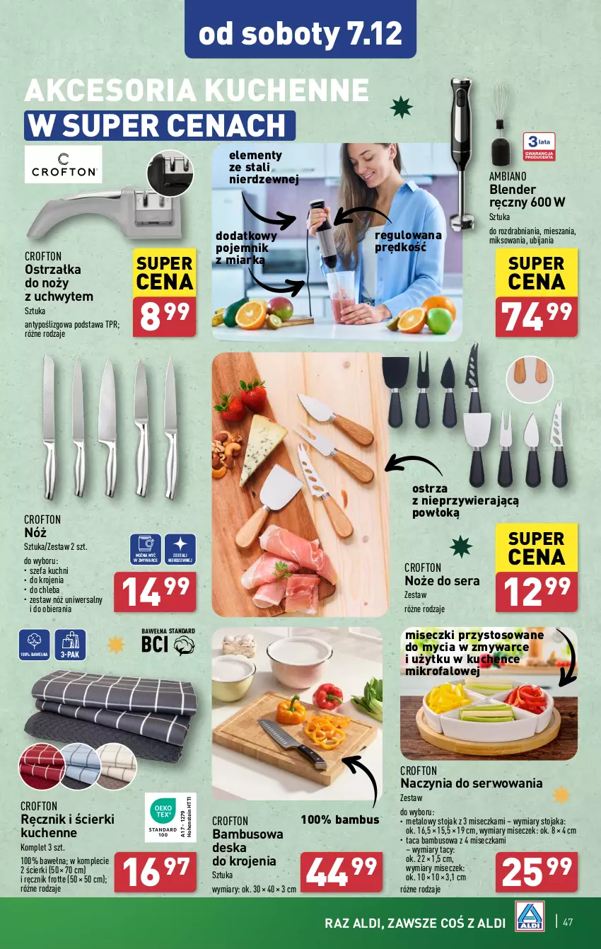 Gazetka promocyjna Aldi - Pełna oferta - ważna 02.12 do 07.12.2024 - strona 47 - produkty: Blender, Blender ręczny, Chleb, Deska do krojenia, Fa, Miseczka, Noż, Nóż uniwersalny, Ostrzałka do noży, Pojemnik, Ręcznik, Ser, Stojak, Taca, Wełna