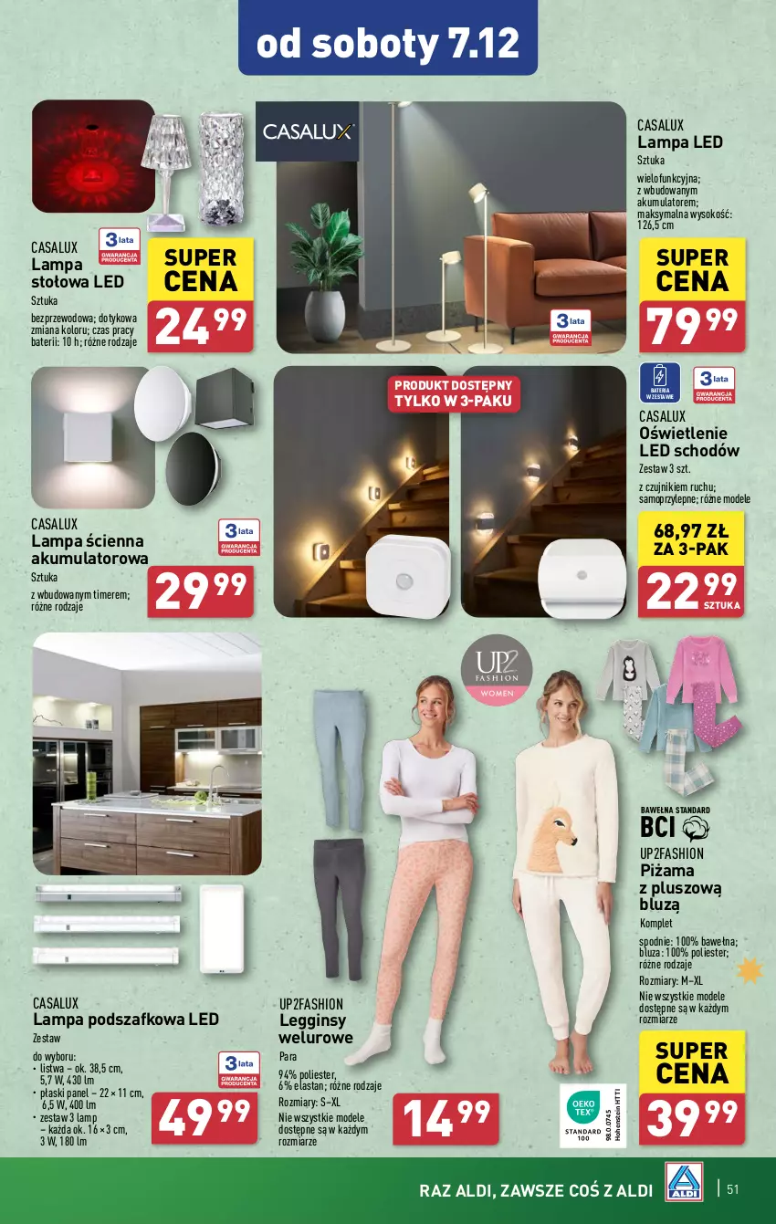 Gazetka promocyjna Aldi - Pełna oferta - ważna 02.12 do 07.12.2024 - strona 51 - produkty: Akumulator, Bateria, Bluza, Fa, Gin, Lampa, Lampa LED, Lampa ścienna, Lampa stołowa, Legginsy, Listwa, Mop, Piżama, Sok, Spodnie, Wełna