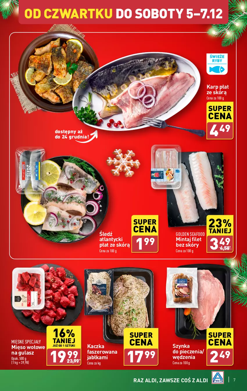 Gazetka promocyjna Aldi - Pełna oferta - ważna 02.12 do 07.12.2024 - strona 7 - produkty: Fa, Golden Seafood, Jabłka, Kaczka, Kaczka faszerowana, Karp, Mięsne specjały, Mięso, Mięso wołowe, Mintaj, Piec, Szynka