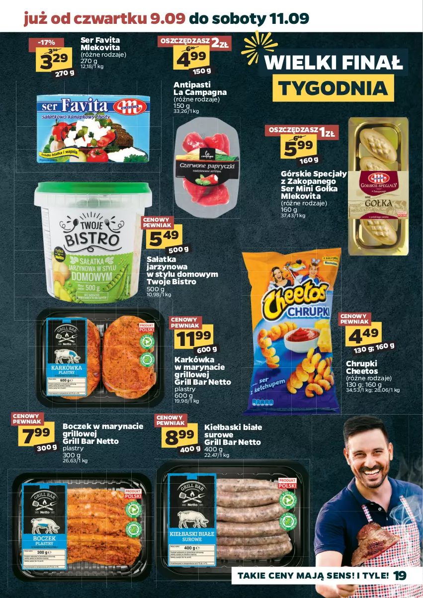 Gazetka promocyjna Netto - Gazetka spożywcza - ważna 06.09 do 11.09.2021 - strona 19 - produkty: Boczek, Cheetos, Chrupki, Fa, Favita, Grill, Kiełbaski białe, Mleko, Mlekovita, Sałat, Sałatka, Ser