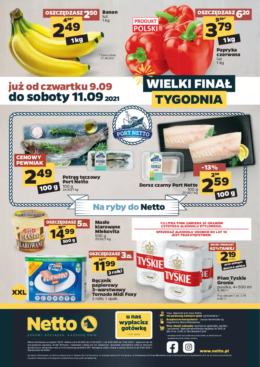 Gazetka promocyjna Netto - Gazetka spożywcza - ważna 06.09 do 11.09.2021 - strona 20 - produkty: Dorsz, Foxy, Gra, Masło, Masło klarowane, Mleko, Mlekovita, Papier, Papryka, Papryka czerwona, Piec, Piwa, Piwo, Por, Pstrąg, Pstrąg tęczowy, Ręcznik, Rolki, Tyskie