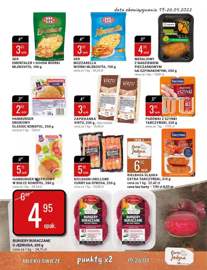 Gazetka promocyjna Bi1 - Grillandia - ważna 19.04 do 26.04.2022 - strona 14 - produkty: Burger, Ementaler, Gouda, Grill, Gyros, Hamburger, Kiełbasa, Kiełbasa śląska, Lion, Mleko, Mlekovita, Mozzarella, Parówki, Parówki z szynki, Piec, Ser, Szpinak, Tarczyński, Virtu, Zapiekanka