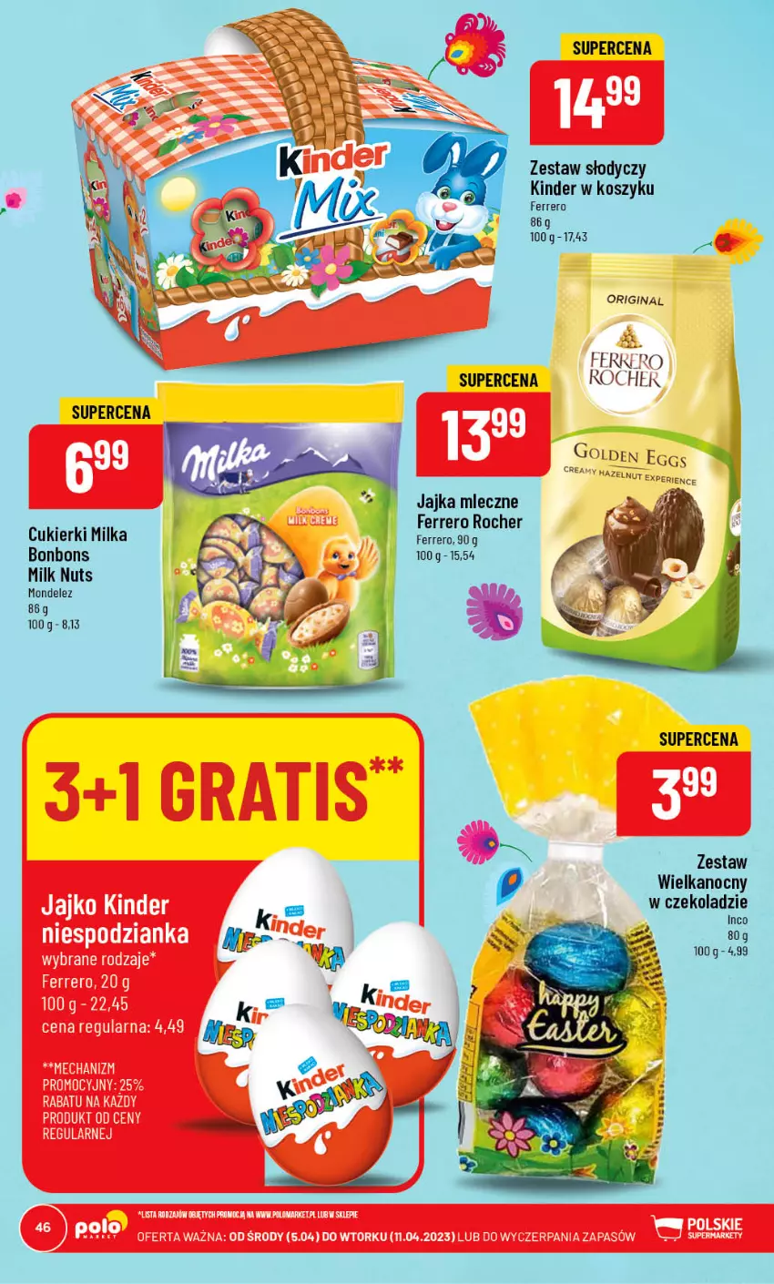 Gazetka promocyjna PoloMarket - Gazetka pomocyjna - ważna 05.04 do 11.04.2023 - strona 46 - produkty: Cukier, Cukierki, Ferrero, Ferrero Rocher, Gin, Gra, Kinder, Kosz, Milka