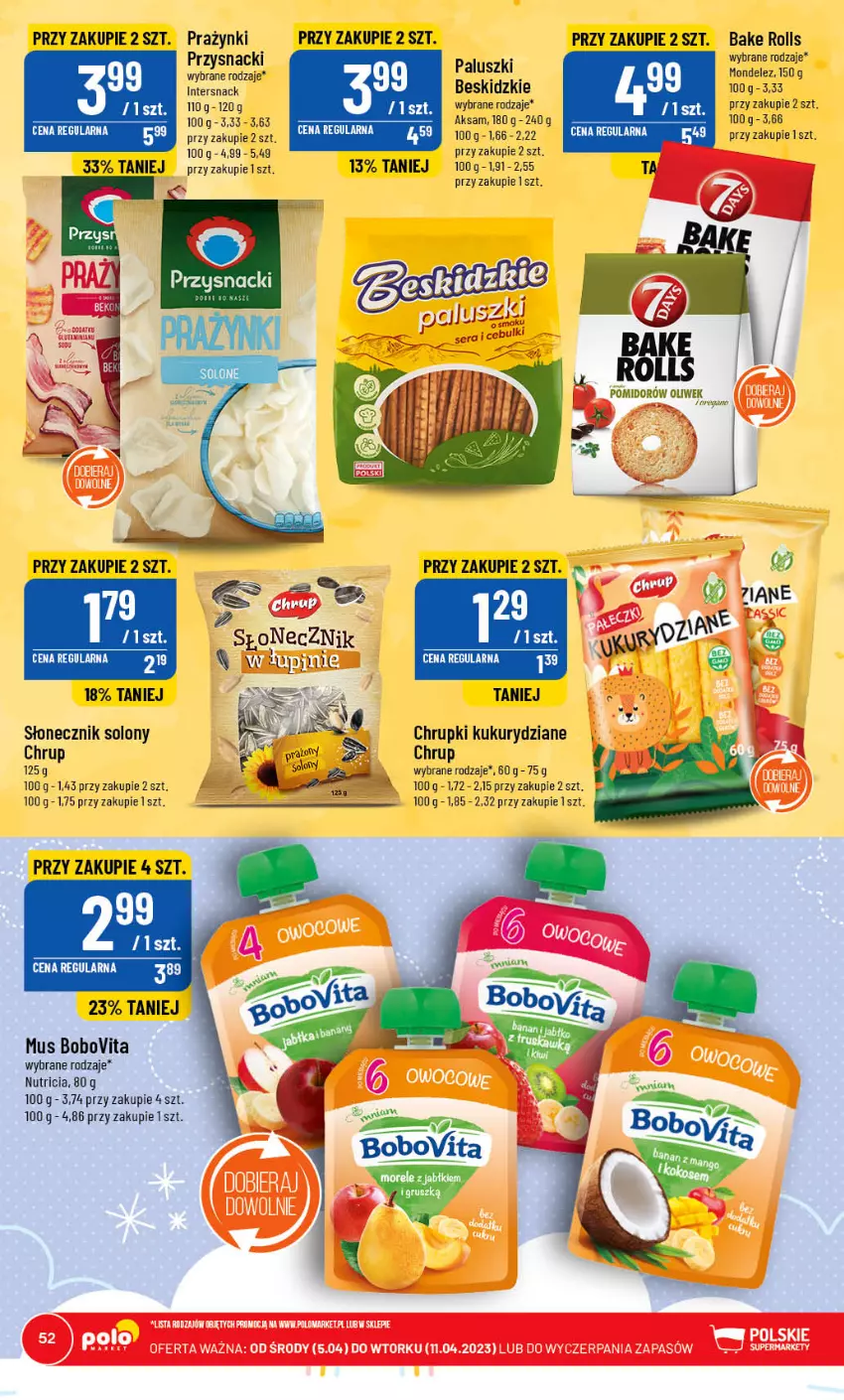 Gazetka promocyjna PoloMarket - Gazetka pomocyjna - ważna 05.04 do 11.04.2023 - strona 52 - produkty: Aksam, Bake Rolls, Beskidzki, BoboVita, Chrupki, Mus, Przysnacki