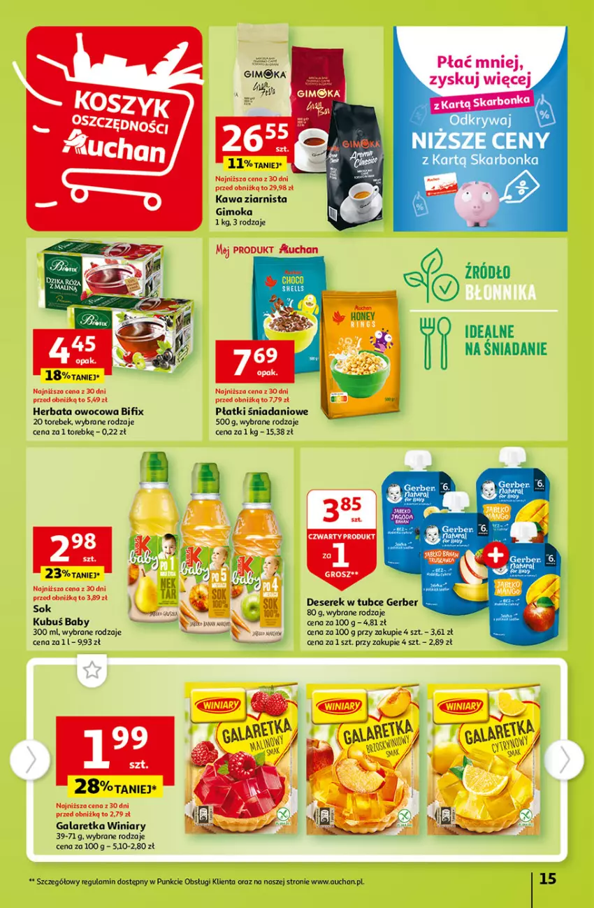 Gazetka promocyjna Auchan - Gazetka Tanie Zakupy Hipermarket Auchan - ważna 27.07 do 02.08.2023 - strona 15 - produkty: Danio, Deser, Gala, Galaretka, Gerber, Gimoka, Herbata, Herbata owocowa, Kawa, Kawa ziarnista, Kubuś, Rama, Ser, Serek, Sok, Winiary